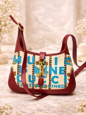 Authentic Gucci Jackie 1961 Floral Canvas Small Shoulder Bag Red Leather Trim